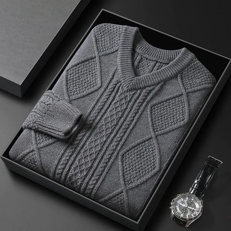 Extra Thick Cable Knit V-Neck Wool Blend Sweater