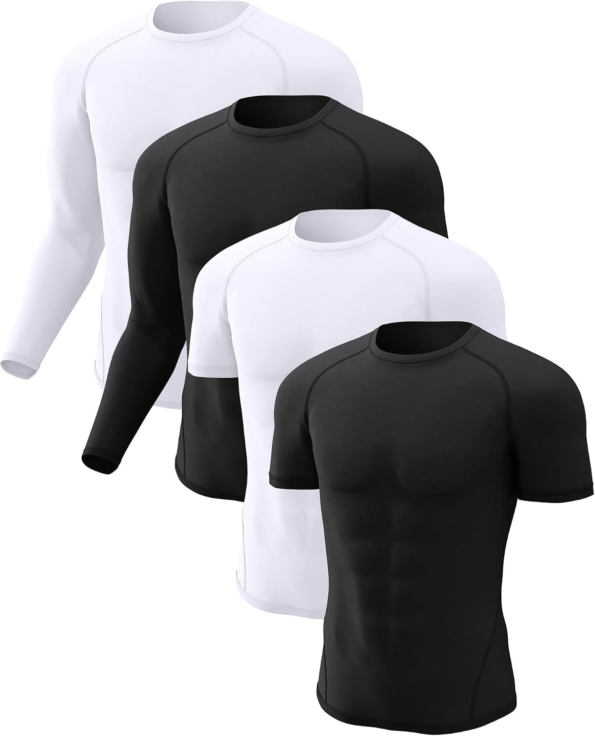4 Pack Men's Compression Shirts Long Short Sleeve Rash Guard Workout Top | Polyester/Spandex, cooling dry fit, breathable, stretchable, lightweight, moisture-wicking, t-shirt for athletic sport gym