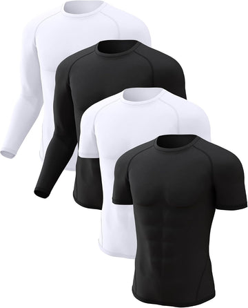 4 Pack Men's Compression Shirts Long Short Sleeve Rash Guard Workout Top | Polyester/Spandex, cooling dry fit, breathable, stretchable, lightweight, moisture-wicking, t-shirt for athletic sport gym