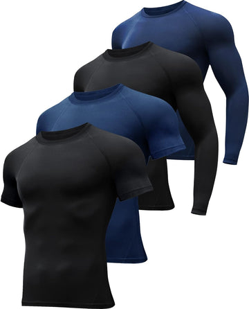 HOPLYNN 4/5 Pack Men's Workout Compression Shirts Long/Short Sleeve Shirts | Cool Dry, Rash Guard, Stretchable, Gym, Athletic, Running, Cycling, Sports, Base Layer Undershirt, T-Shirt Tops
