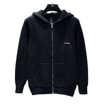Black waffle-knit zip-up hoodie with embroidered crest
