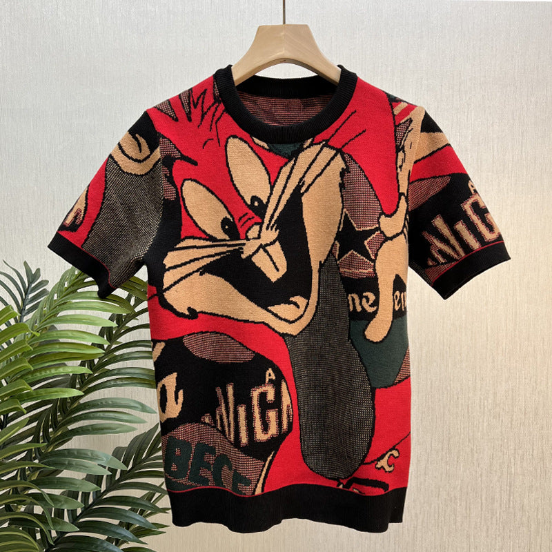 Knit t-shirt with large cartoon character graphic print