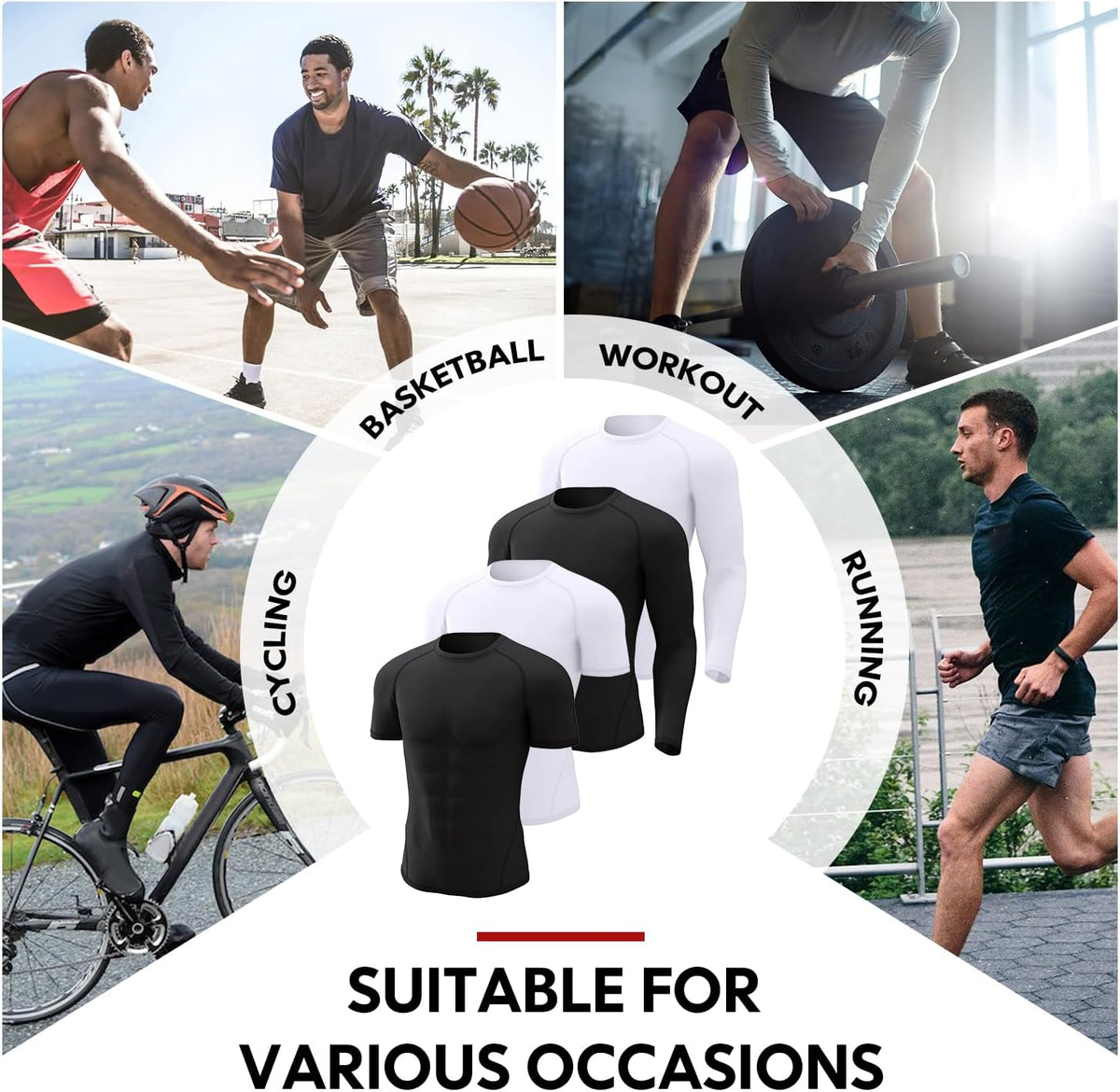 4 Pack Men's Compression Shirts Long Short Sleeve Rash Guard Workout Top | Polyester/Spandex, cooling dry fit, breathable, stretchable, lightweight, moisture-wicking, t-shirt for athletic sport gym