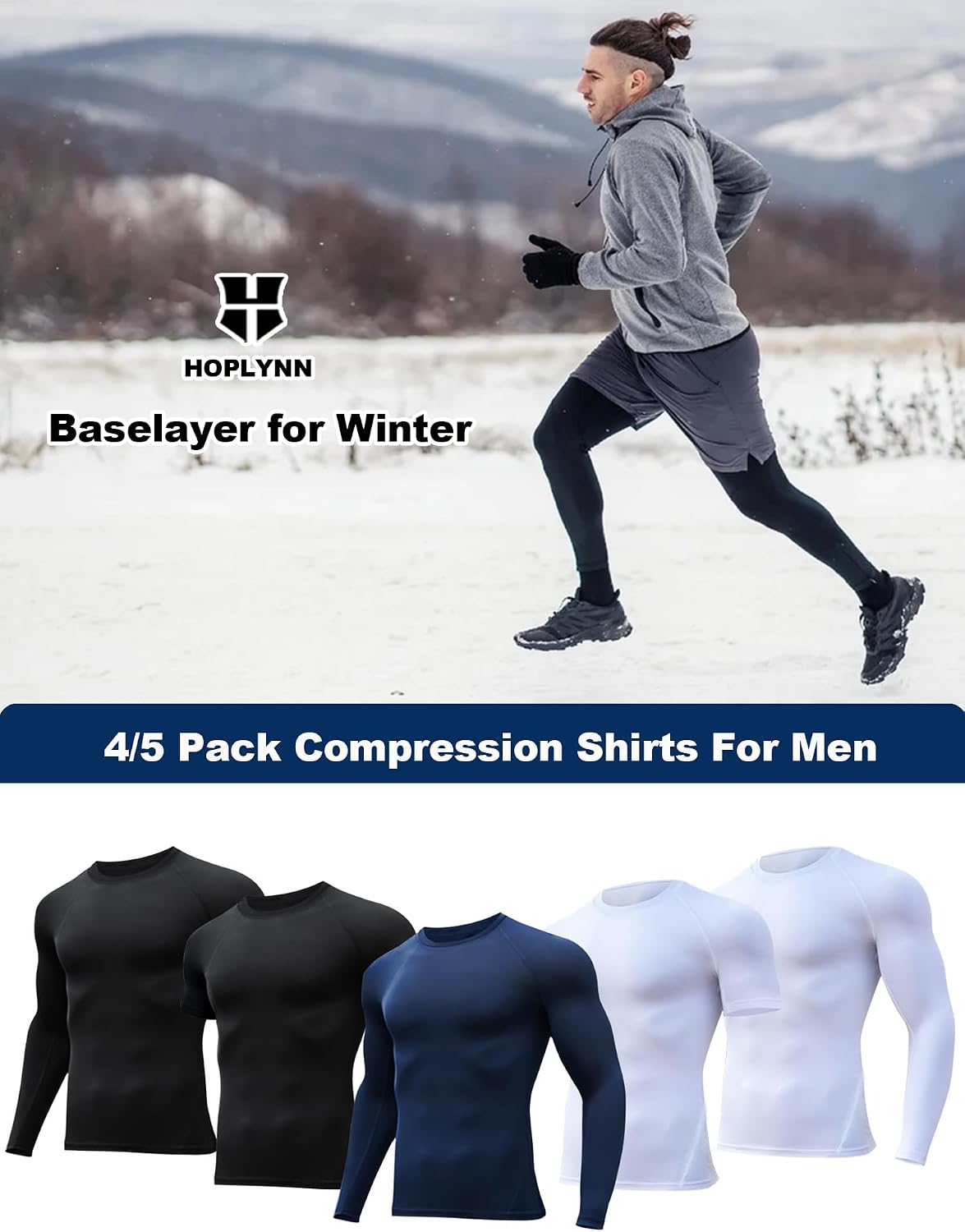HOPLYNN 4/5 Pack Men's Workout Compression Shirts Long/Short Sleeve Shirts | Cool Dry, Rash Guard, Stretchable, Gym, Athletic, Running, Cycling, Sports, Base Layer Undershirt, T-Shirt Tops