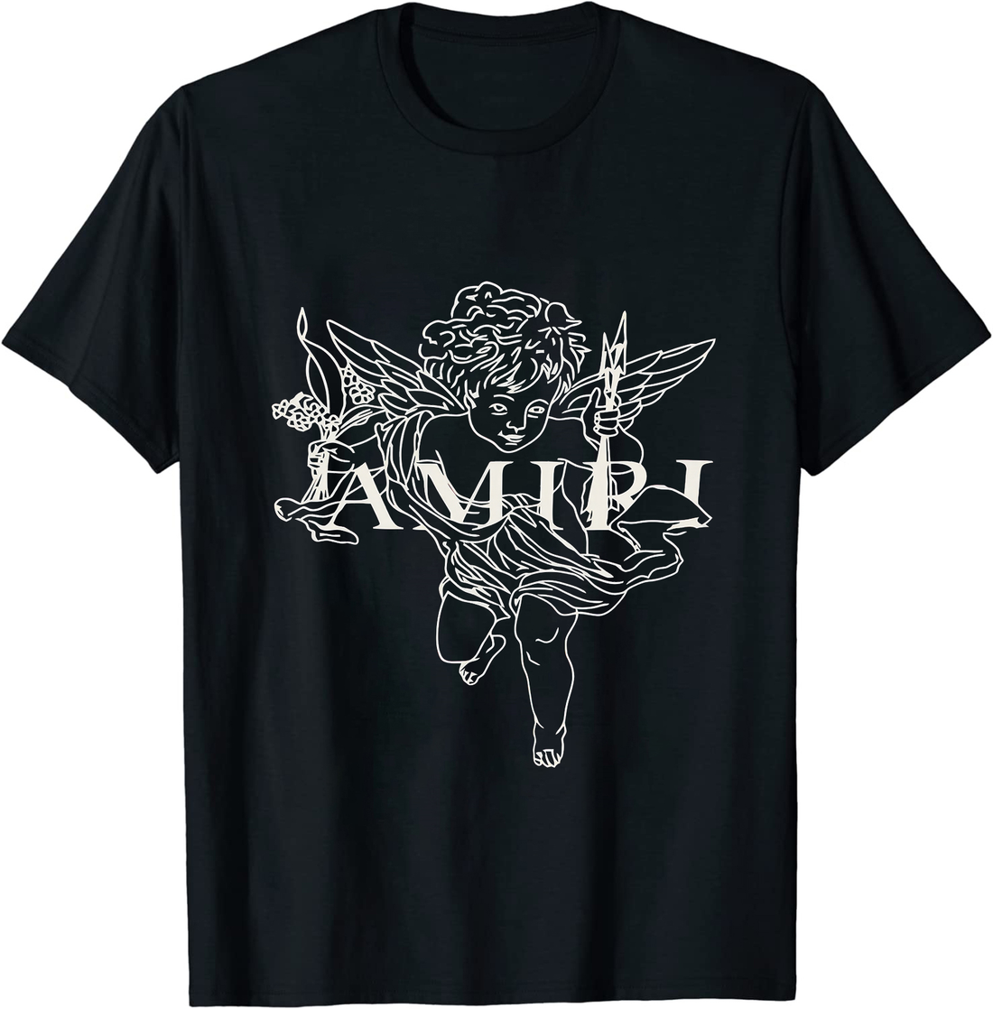 Black short sleeve t-shirt with white cherub print