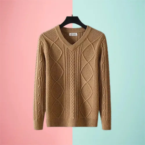 Extra Thick Cable Knit V-Neck Wool Blend Sweater