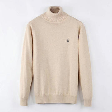 Beige or Black Semi-Turtleneck Cotton Knit Sweater with Embroidered Detail