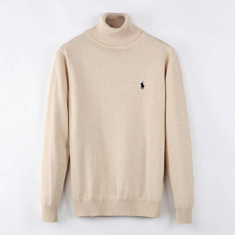 Beige or Black Semi-Turtleneck Cotton Knit Sweater with Embroidered Detail