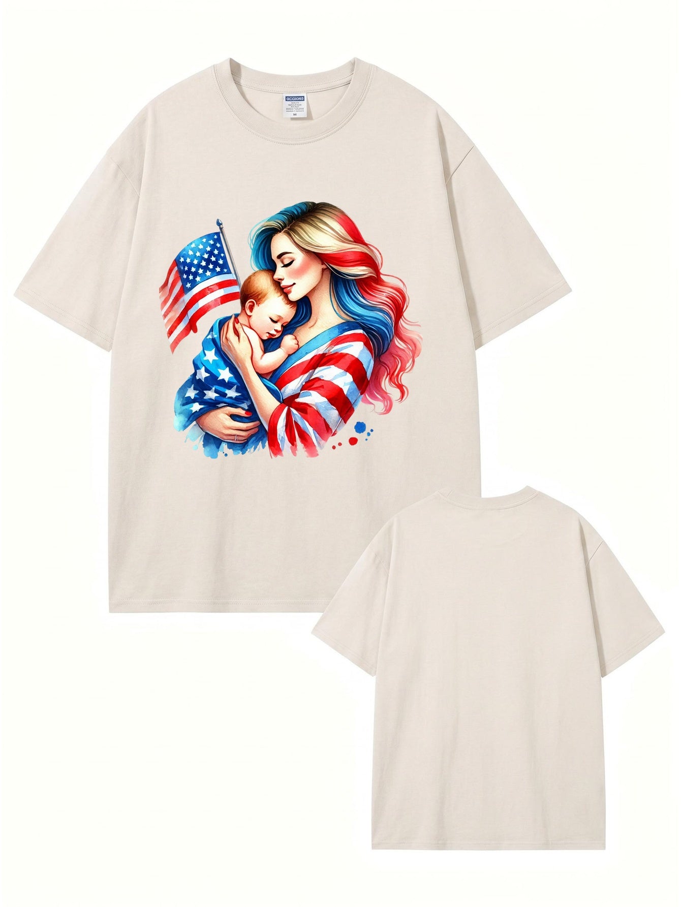 Vintage Washed Patriotic Mother & Baby Graphic Tee - 300GSM Cotton