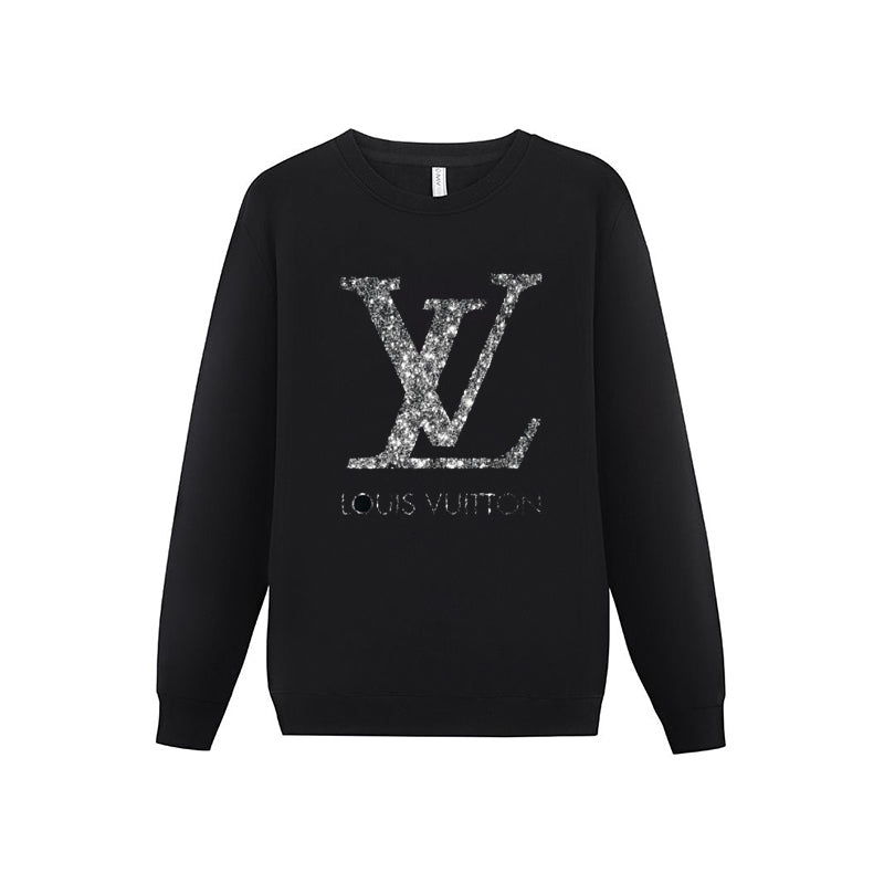 Black relaxed-fit round-neck sweatshirt with silver glitter letter motif