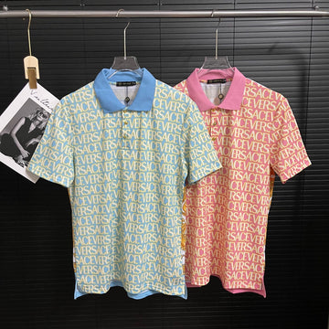Short-sleeve ribbed cotton polo shirt with tonal all-over letter print