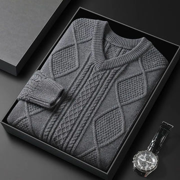 Extra Thick Cable Knit V-Neck Wool Blend Sweater