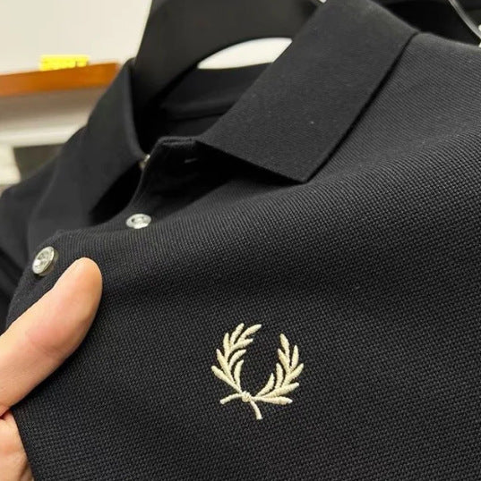 Black and Cream Embroidered Short-Sleeve Polo Shirt