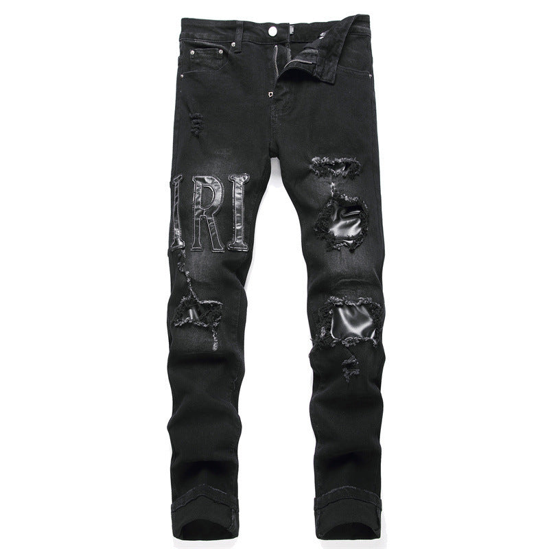 Black Stretch Denim Jeans with Distressed Rips and Metallic Thigh Lettering