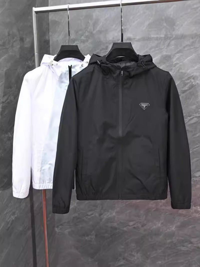 Men's Bright Green Hooded Windbreaker Jacket with Full Zip Front, Elastic Cuffs and Triangular Chest Badge - Lightweight Spring/Fall Outerwear
