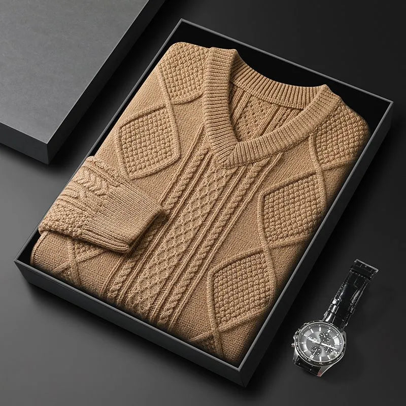 Extra Thick Cable Knit V-Neck Wool Blend Sweater