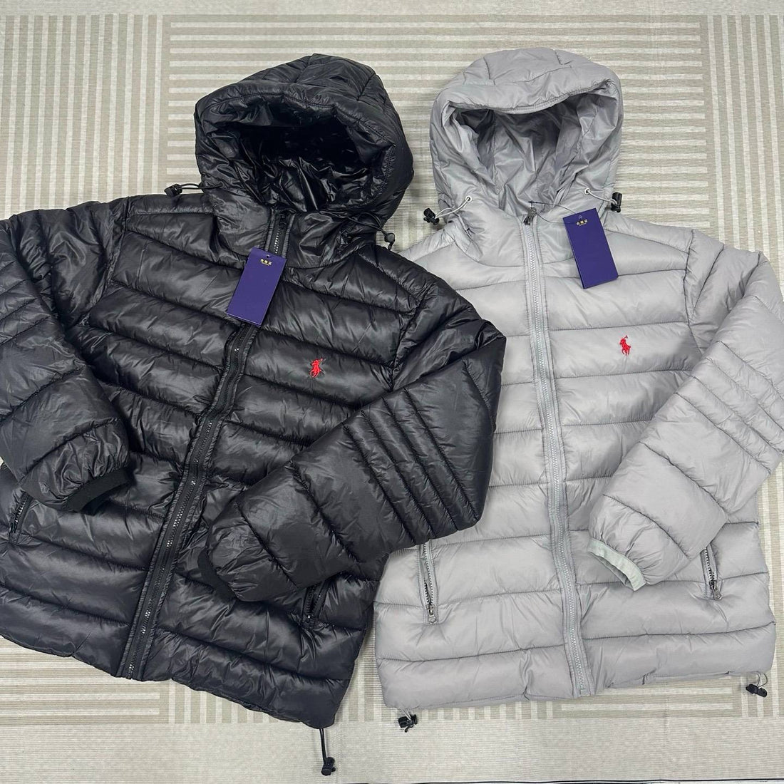 Black Gray Purple Unisex Hooded Puffer Jacket with Quilted Nylon Shell and Duck Down Fill