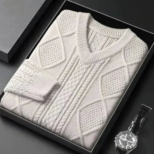 Extra Thick Cable Knit V-Neck Wool Blend Sweater