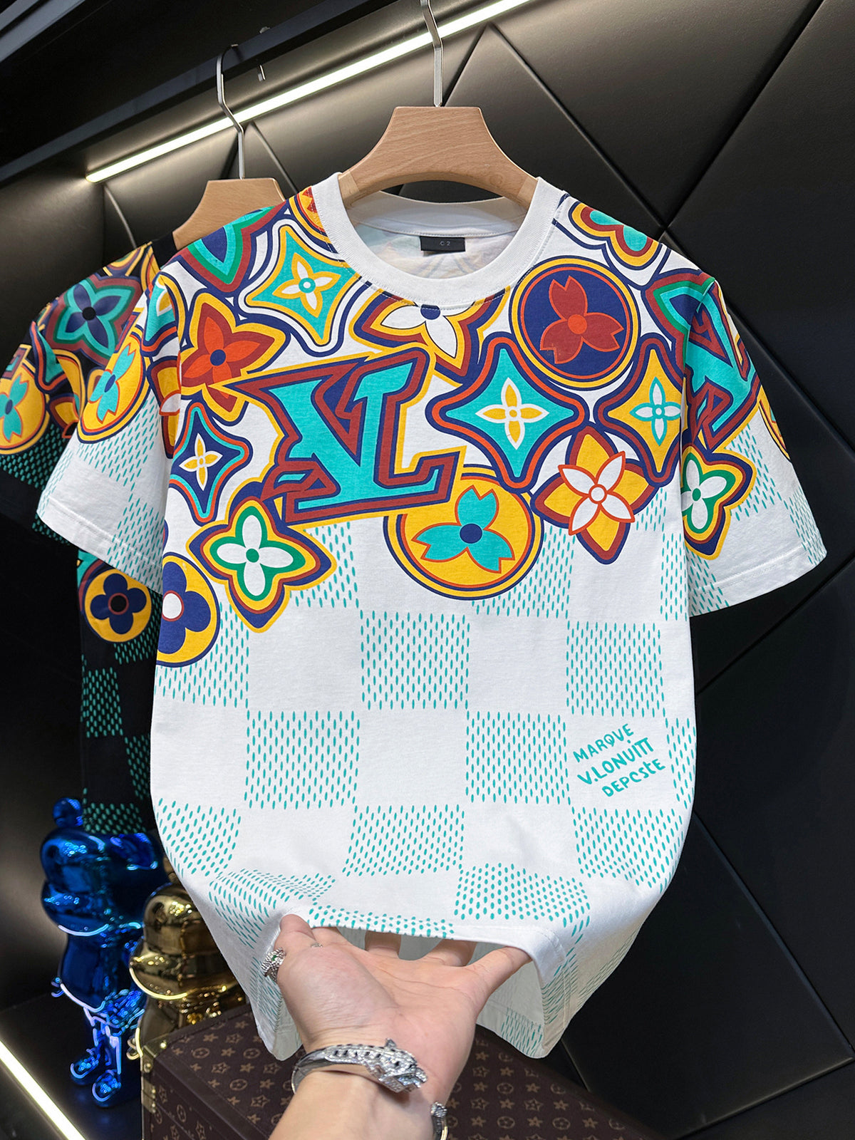 Men's Short-Sleeve Crewneck T-Shirt with Colorful Floral & Geometric Allover Print, Orange Collar Trim, Cream Base