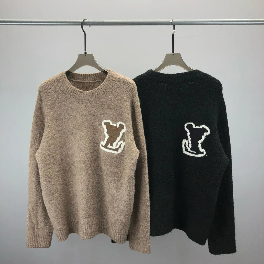Oversized Beige Black or White Cotton Knit Sweater with Embroidered Polar Motif