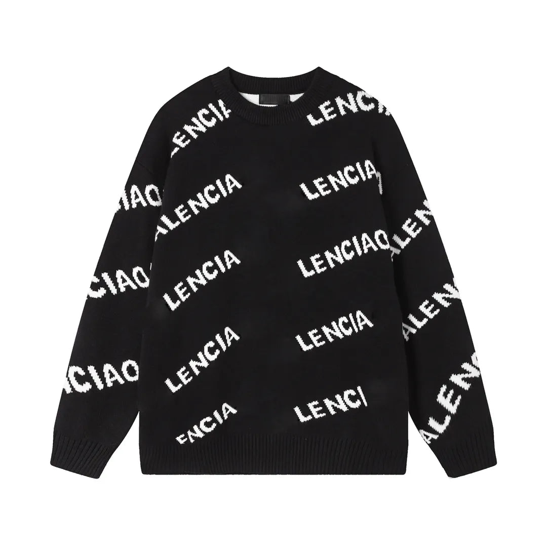 Black knit sweater with all-over white 'LENCIA' text pattern