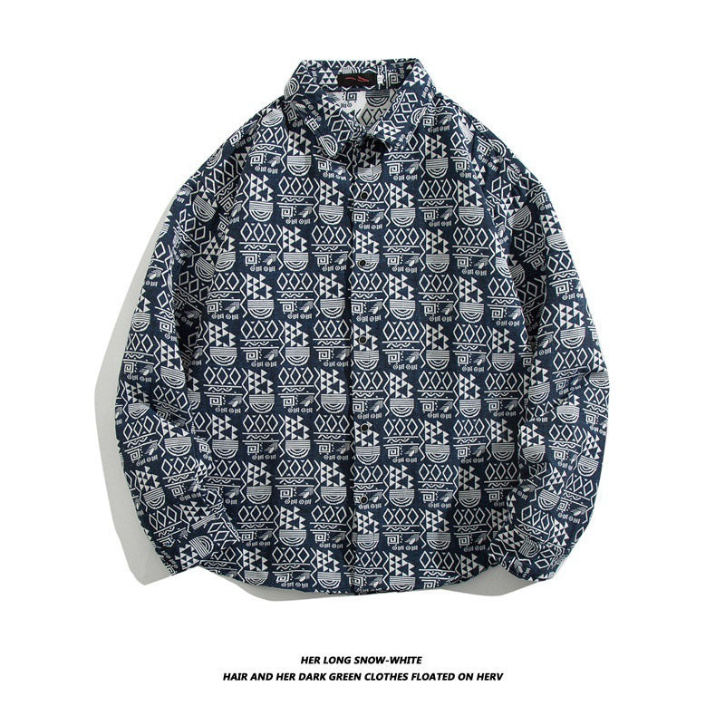 Oversized geometric tribal print button-up shirt