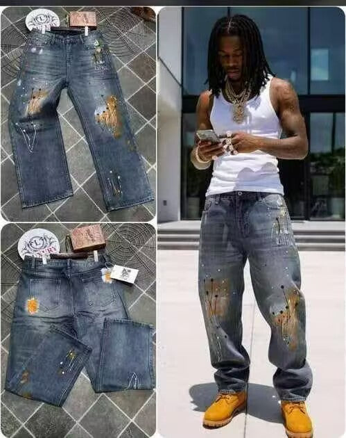 Black and Blue Paint-Splatter Side-Stripe Baggy Jeans