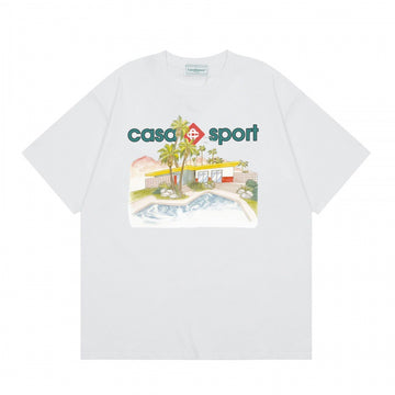 Loose-fit short sleeve t-shirt with blue and white floral script print
