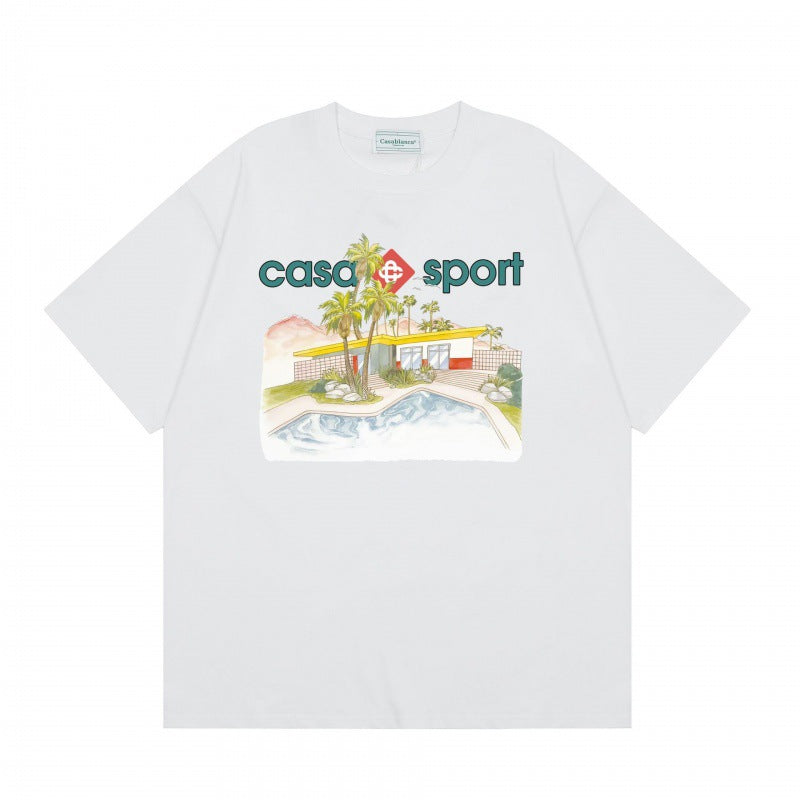 Loose-fit short sleeve t-shirt with blue and white floral script print