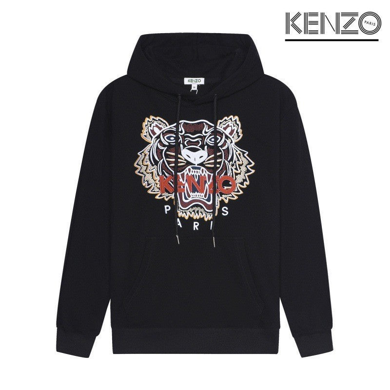 Black Terry Crewneck Sweatshirt with Embroidered Tiger Motif
