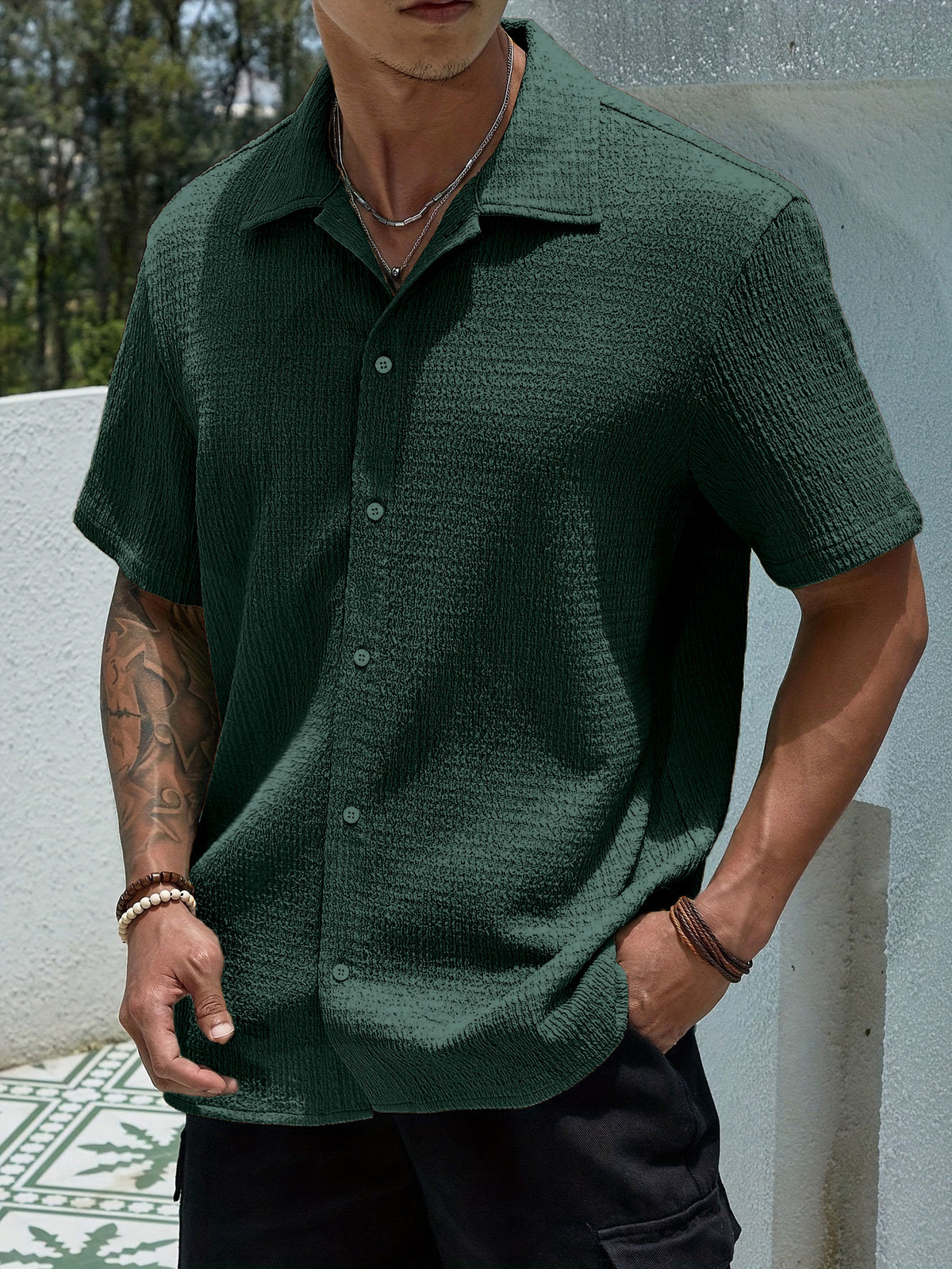 Textured Knit Short-Sleeve Collarless Shirt in Solid Colors