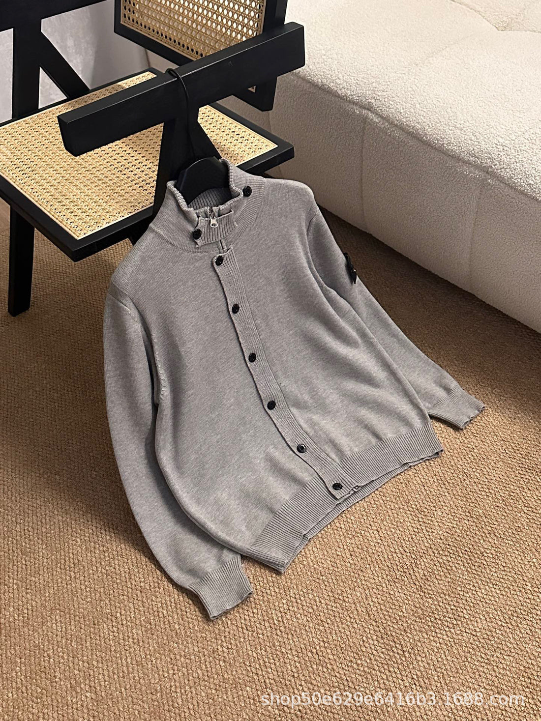 Wool-blend zip-front knit sweater with contrast paneling