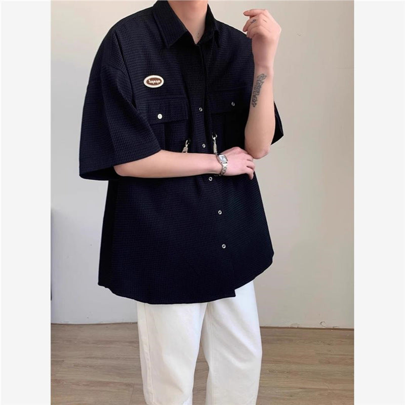 Short-Sleeve Waffle-Knit Button-Up Shirt in Black Red or Khaki