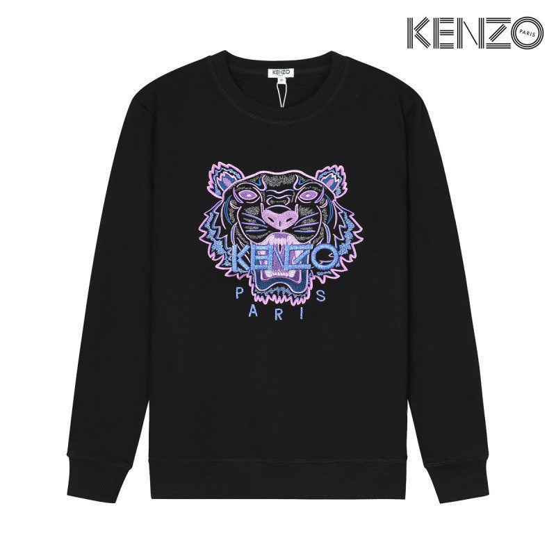 Black Terry Crewneck Sweatshirt with Embroidered Tiger Motif