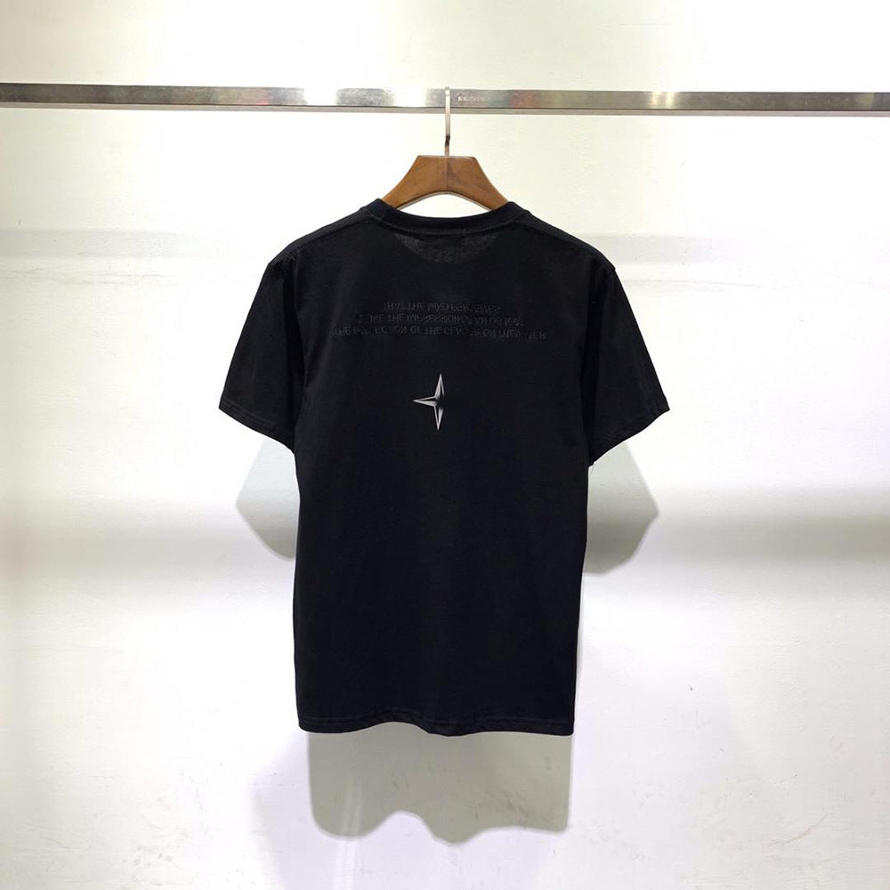Crew-neck short-sleeve cotton T-shirt with embroidered star motif and reflective thread detail