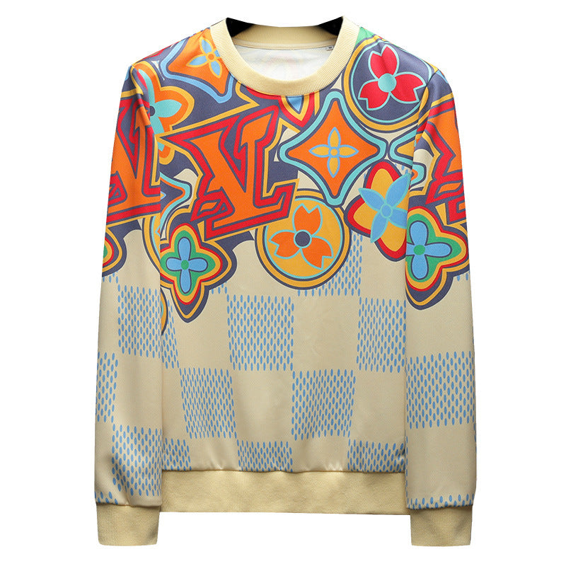 Floral and star print sweatshirt with blue check lower half