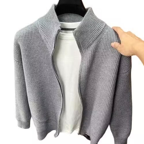 Korean-Style Stand Collar Cardigan – Dual-Zip Slim Fit Knit Sweater For Men (A