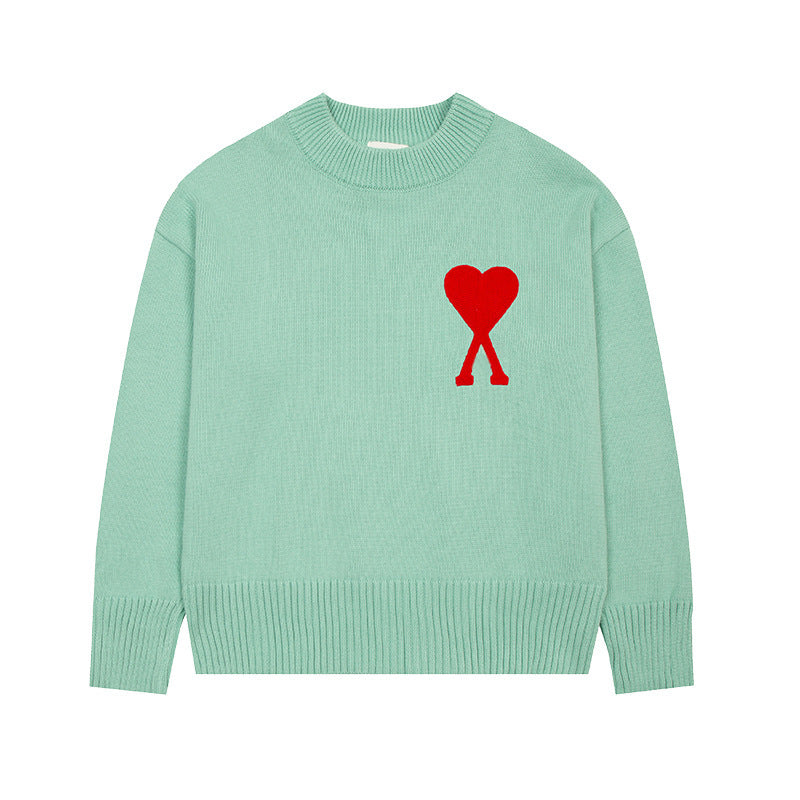 Men's round neck knit sweater with heart embroidery