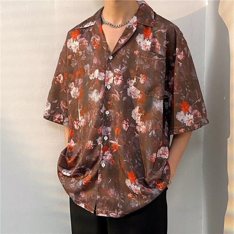 Tropical leaf print short sleeve button up shirt