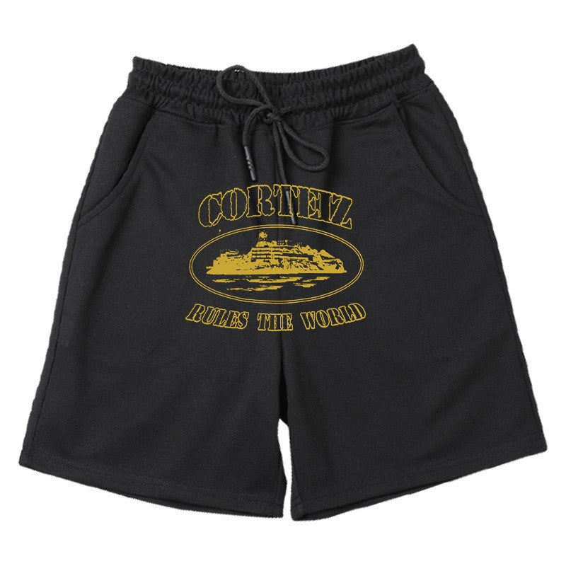Black Cotton Blend Loose-Fit Printed Sweat Shorts