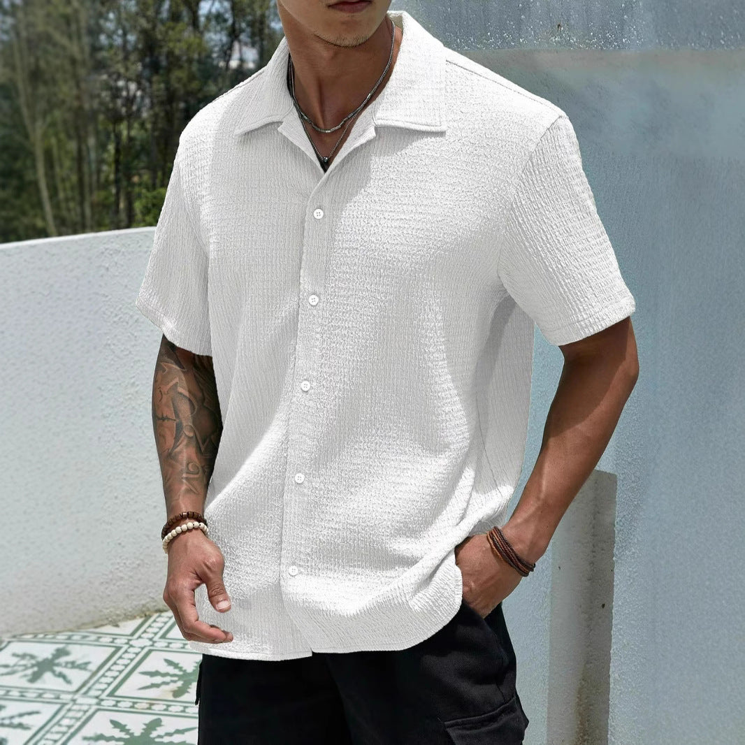 Textured Knit Short-Sleeve Collarless Shirt in Solid Colors