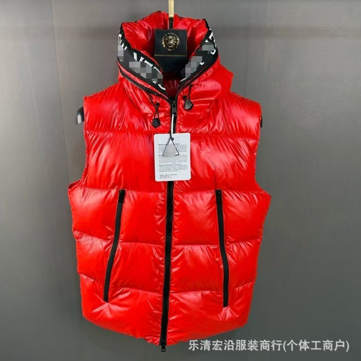 Ribbed Black Puffer Vest with Diagonal Zipper and Stand Collar