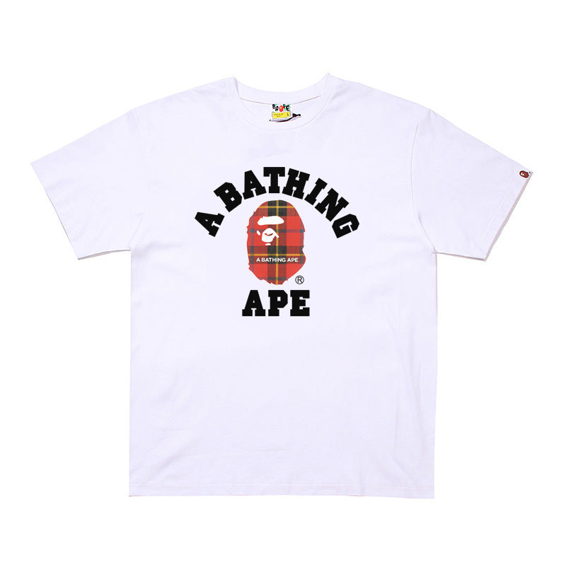 Plaid-pattern cotton short sleeve tee with graphic print