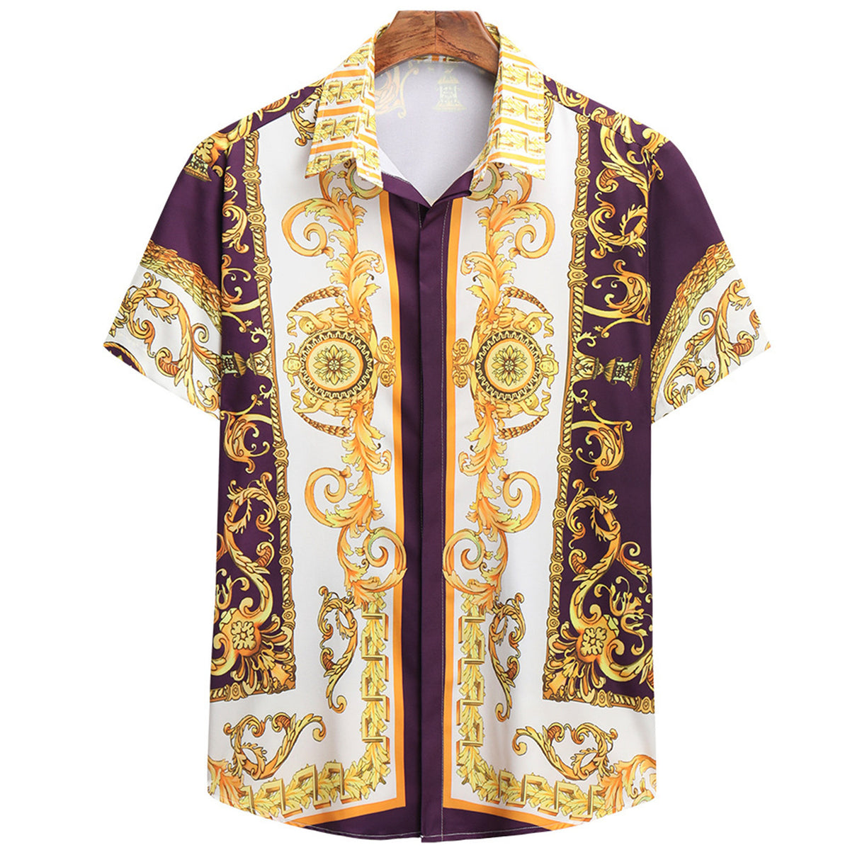 Baroque-print short-sleeve cotton button-up shirt in brown gold white orange