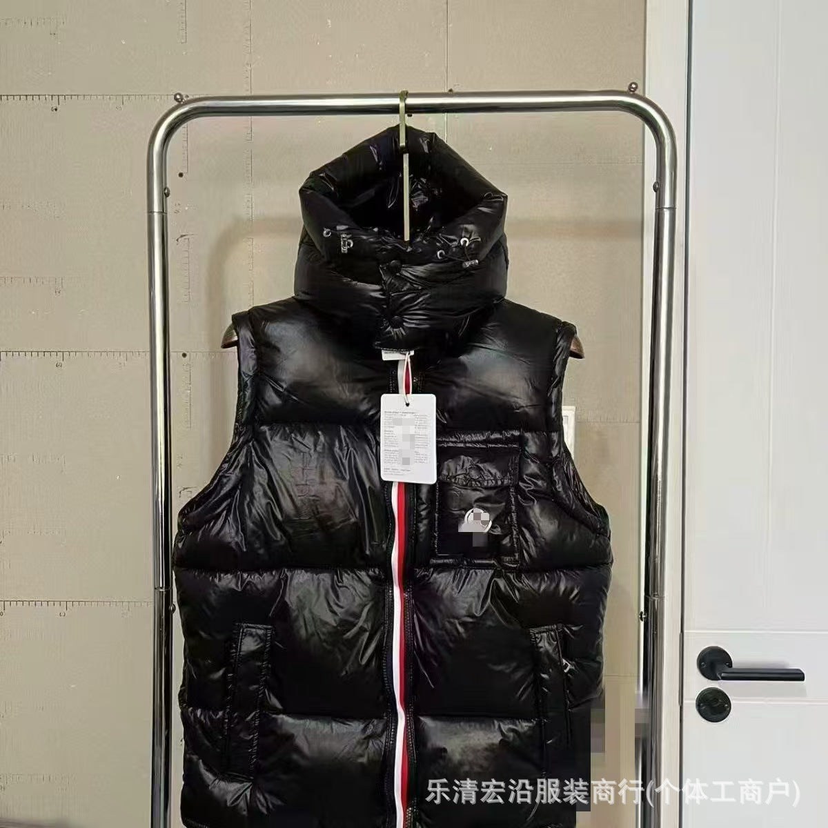 Ribbed Black Puffer Vest with Diagonal Zipper and Stand Collar