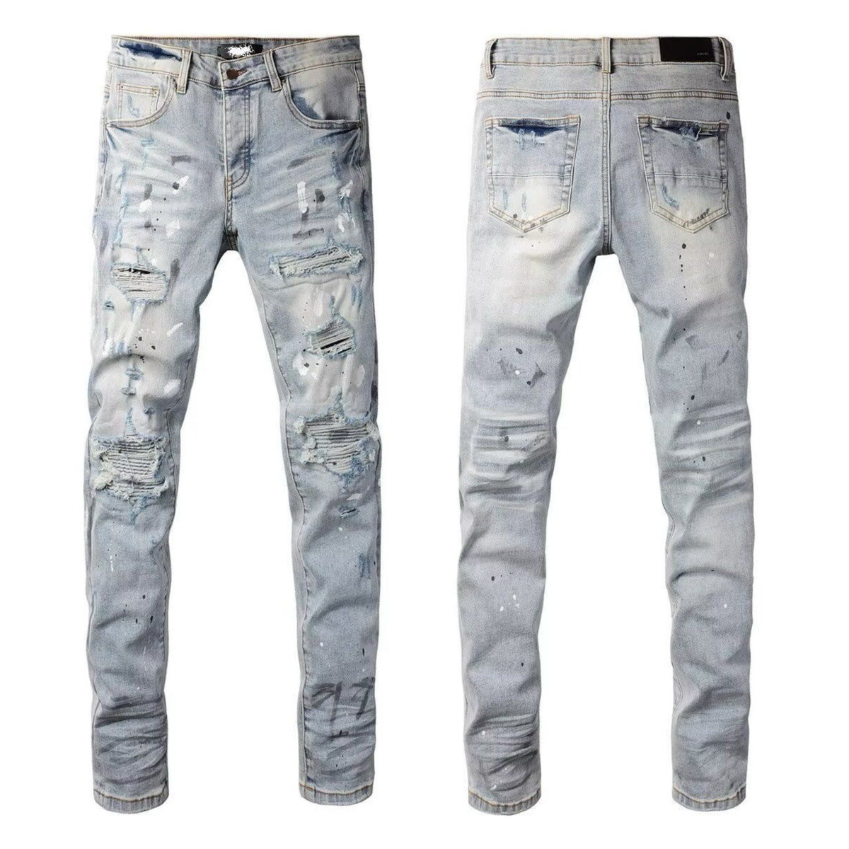 Distressed Straight-Leg Denim Jeans in Blue Black Gray or White