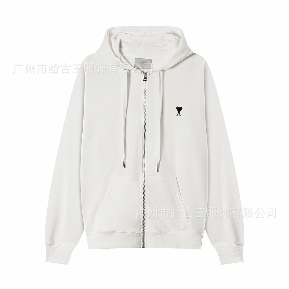 Black cotton-blend full-zip hoodie with white embroidered heart detail