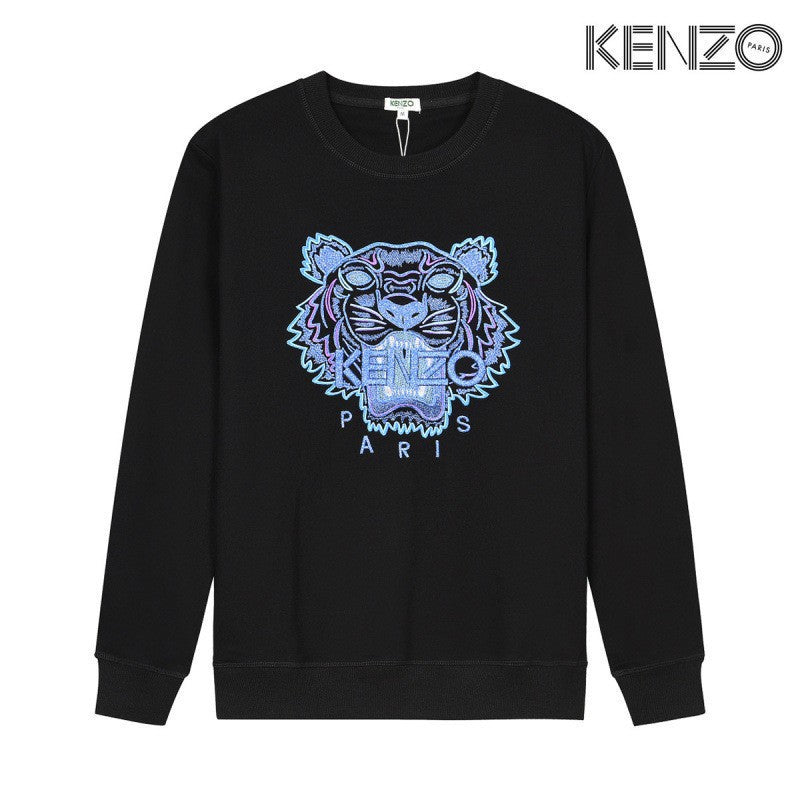 Black Terry Crewneck Sweatshirt with Embroidered Tiger Motif