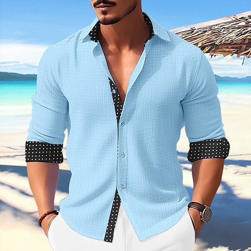 Minimalist long sleeve button-up shirt with plaid collar and cuffs