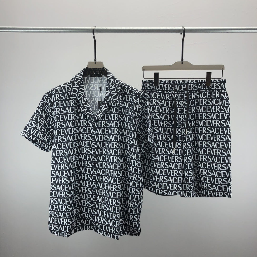 Short-sleeve black-and-white geometric print shirt